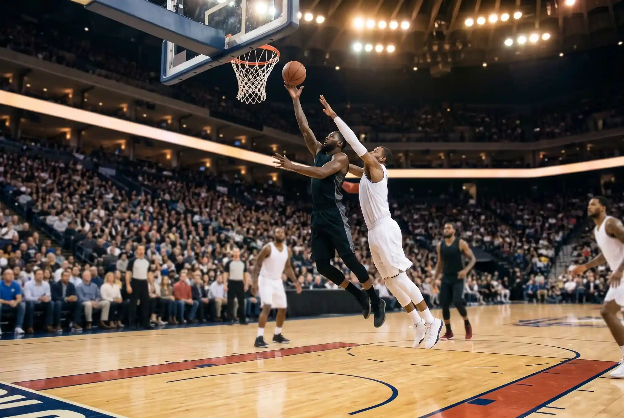 NBA betting guide for UK punters showing basketball court action and odds display